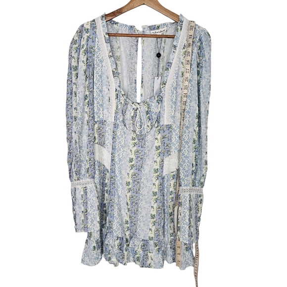 For Love and Lemons Gracie Mini Dress Priarie Blue Floral Patchwork Size L NWT - Picture 6 of 10